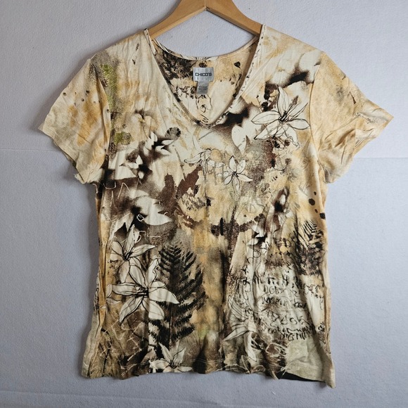 Chico's Tops - Chicos V-Neck Short Sleeve Botanical Abstract Print Top Tan Brown Size 2 Large